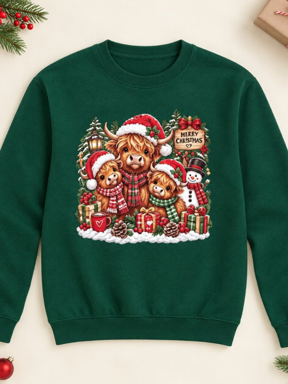 Highland Cow Christmas Sweatshirt Green Santa Hat Snowman Cute Holiday Jumper